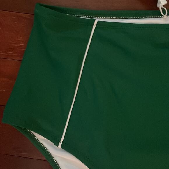 NEW Cupshe High Waist Dark Green White Piping Bikini Bottom Preppy Taylor Swift - Picture 3 of 4